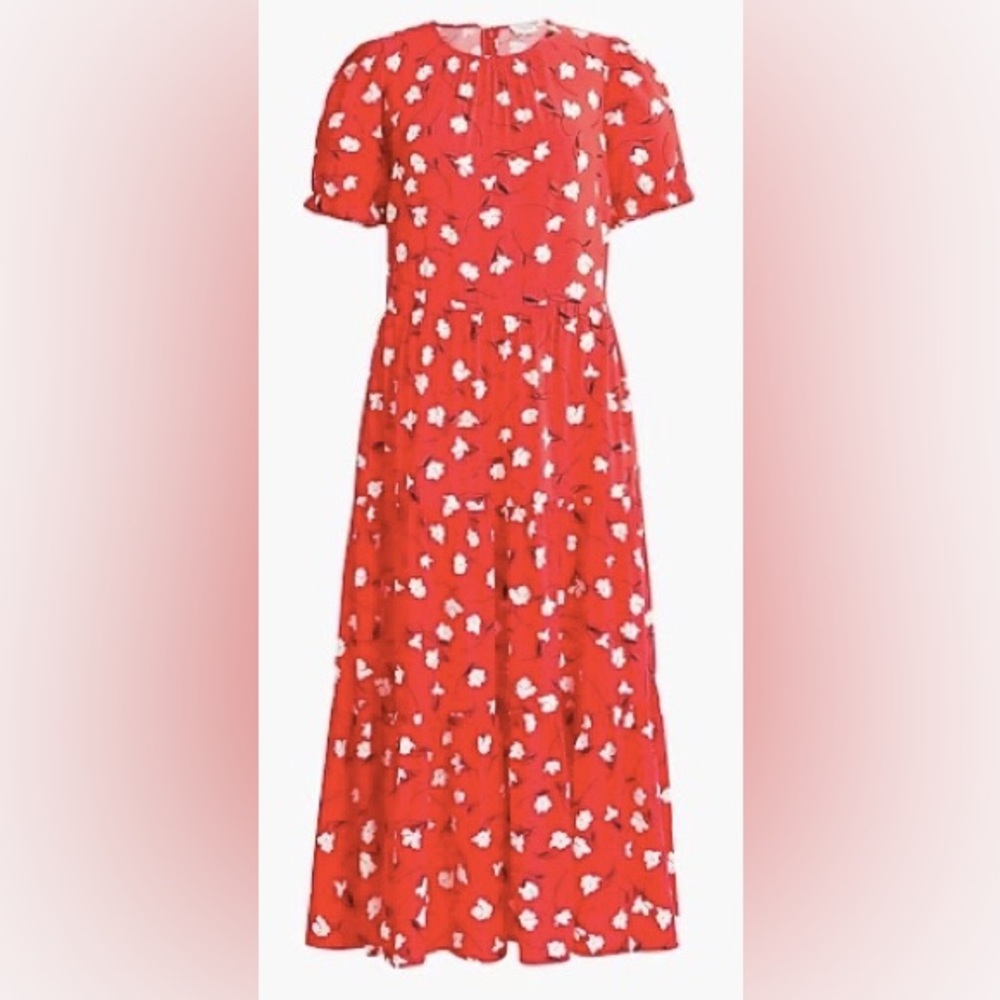 Floral puff-sleeve tiered midi dress